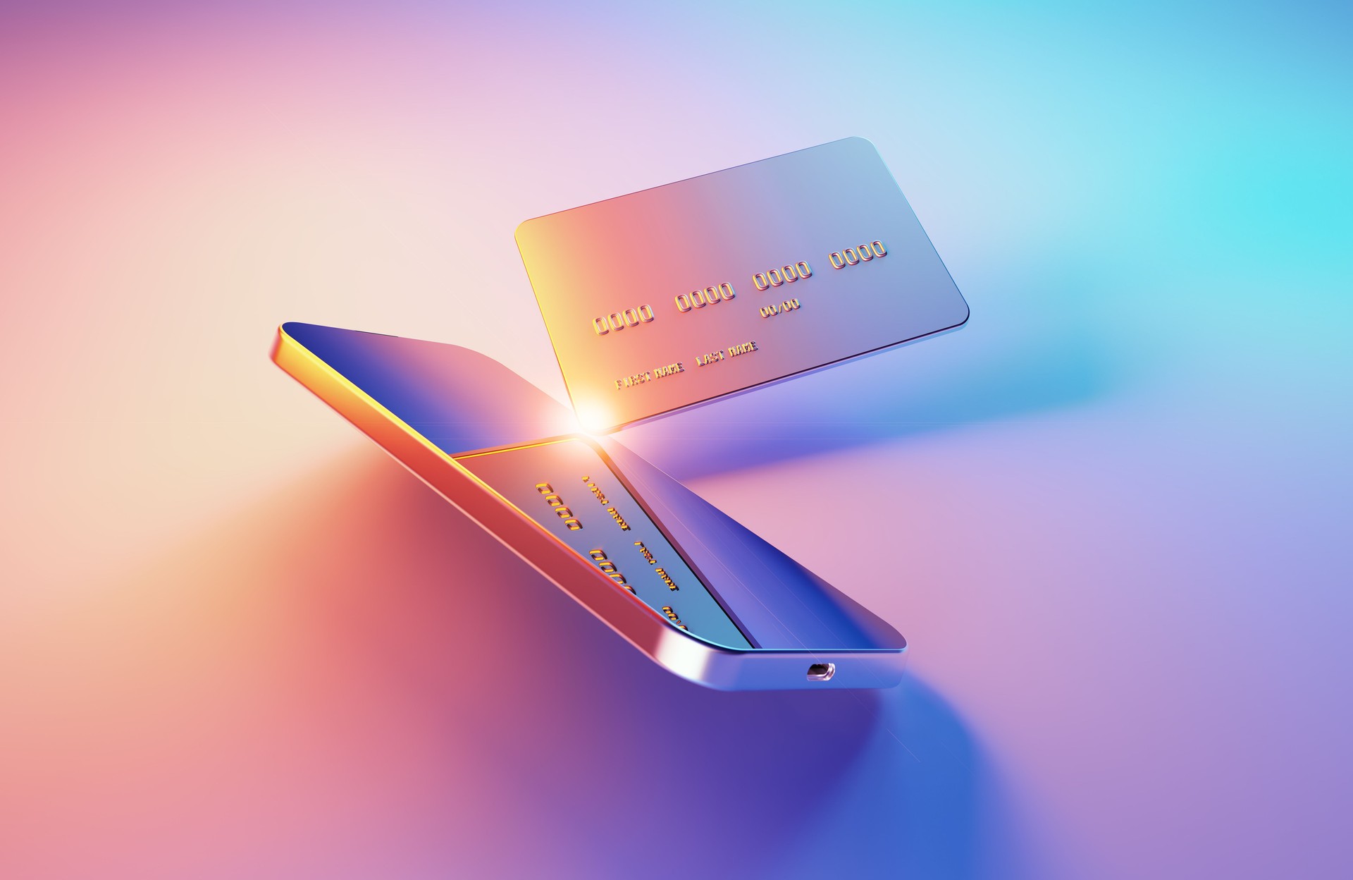 Credit Card And Smartphone With NFC Symbol Illuminated By Blue And Magenta Lights On Blue And Pink Background - NFC Contactless Payment Concept